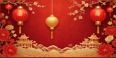 Traditional Chinese New Year Red Lanterns and Floral Decor