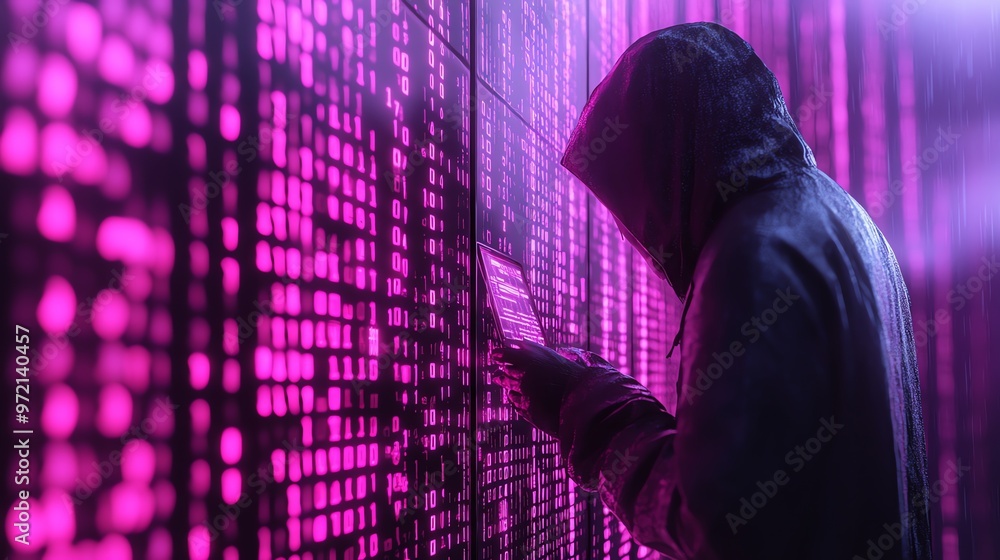 Aufkleber a hooded figure stands in front of a wall of glowing binary code, working on a laptop in a dark and 