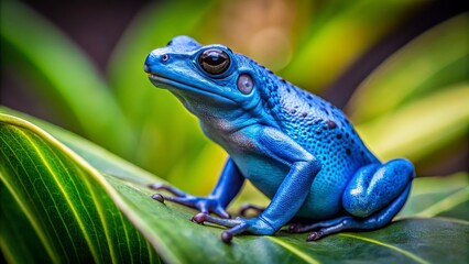 A vibrant blue tree frog sits serenely on a lush green leaf, its background blurred to emphasize its