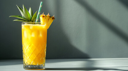 A glass full of cold pineapple juice sits on a sunlit table, with vibrant green leaves and a straw adding a fresh touch. The scene is set against a gray background, highlighting the refreshing and tro