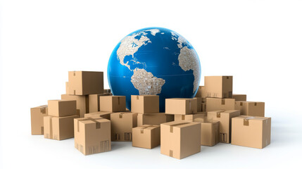 A blue Earth planet globe is surrounded by a heap of stacked corrugated cardboard boxes, representing parcel goods. This illustration emphasizes the worldwide delivery and logistics business, with a f
