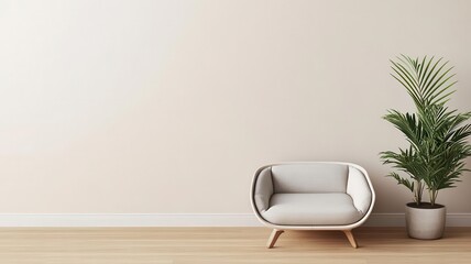 Photorealistic view of a modern chair and potted plant in minimal interior design