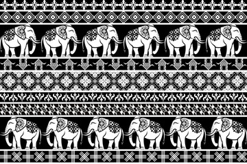 This seamless elephant pattern, by Thai for use in fashion can be printed on trousers, shirts, or home decor items like curtains, cushions, and bed sheets. The intricate black-and-white design