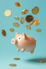 Wealth concepts still life. Gold coins floating above piggy bank on coloured background.