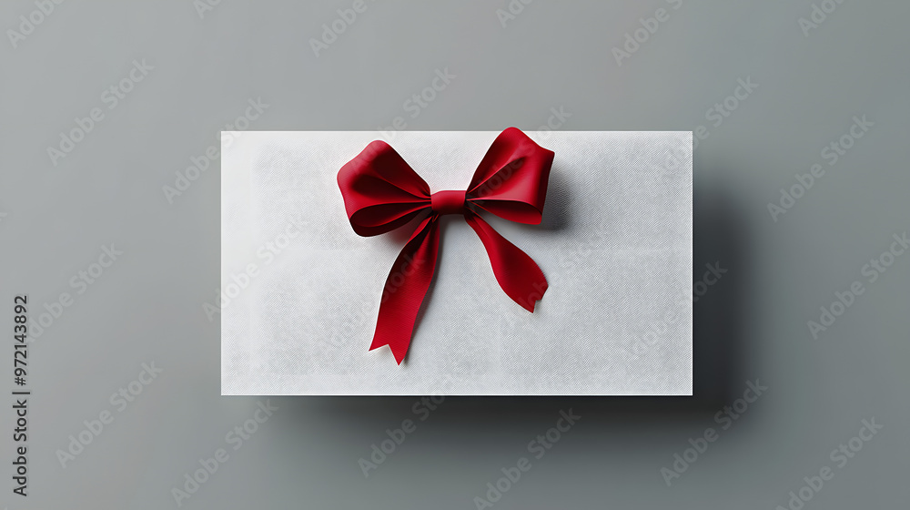 Poster blank white gift voucher with red ribbon bow or empty gift signboard isolated on grey background wit