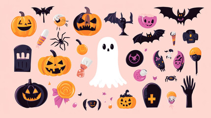 Check out our adorable collection of Halloween-themed elements for your decorations and prints. Featuring cute ghosts, pumpkins, bats, candy, cats, skulls, spiders, graves, and zombie hands—perfect fo