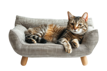 A cozy cat lounging on a stylish pet sofa, showcasing comfort and relaxation in a charming indoor setting.