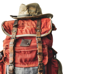 A rugged backpack adorned with a stylish hat, perfect for adventure seekers and outdoor enthusiasts.