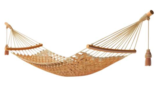 A relaxing woven hammock, designed for comfort, perfect for use in gardens, patios, or outdoor retreats.