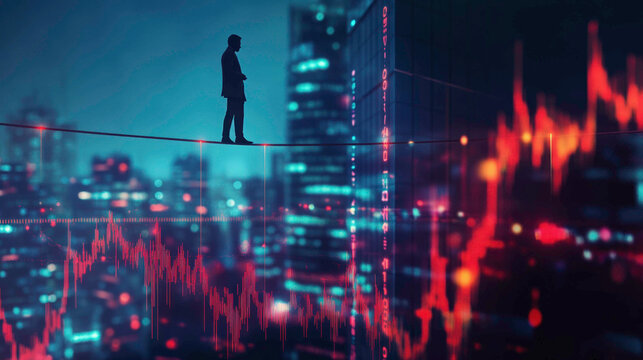 Silhouette of businessman walking on tightrope high above futuristic city skyline, surrounded by volatile red stock market charts, demonstrating volatility and risk in the system.