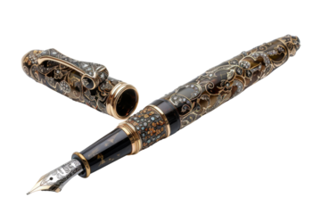 An exquisite fountain pen with intricate detailing, perfect for sophisticated writing and elegant stationery.