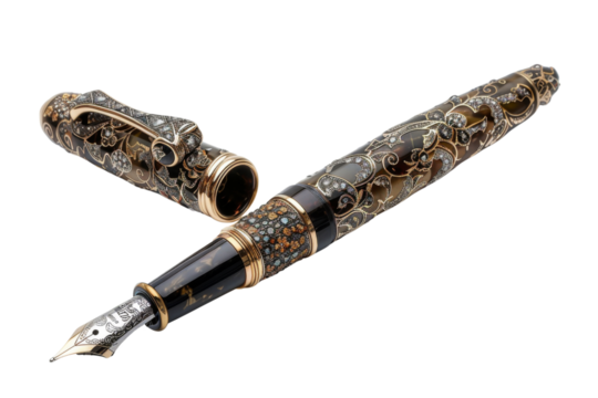 An exquisite fountain pen with intricate detailing, perfect for sophisticated writing and elegant stationery.