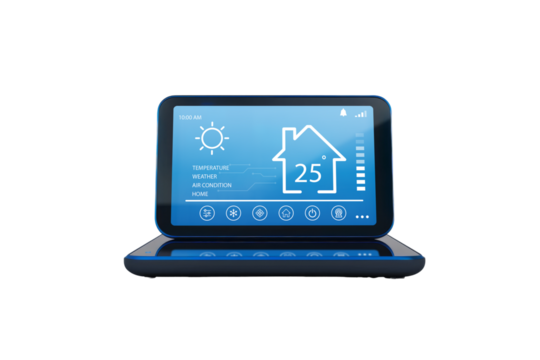 Modern smart home device displaying temperature and settings, perfect for showcasing home automation technology.