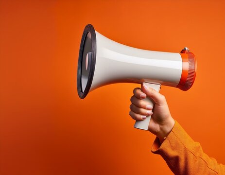 Una mano sosteniendo un meg&aacute;fono, sobre un fondo naranja; anuncios, ventas