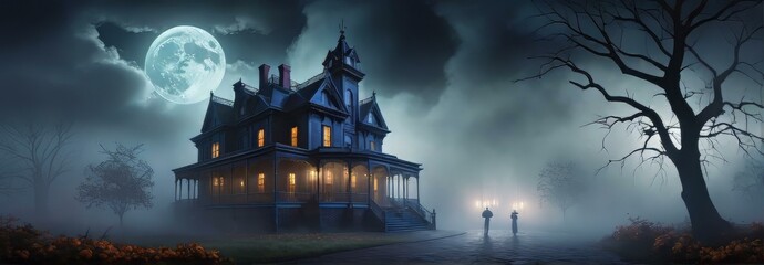 Haunted Mansion in Foggy Night with Full Moon