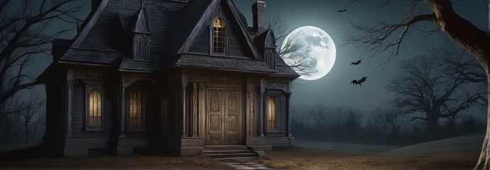 Haunted Victorian House with Full Moon and Bats