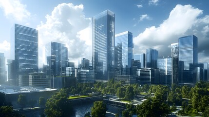Fototapeta premium Modern Cityscape with Skyscrapers and Lush Greenery
