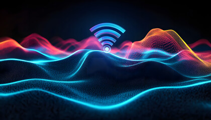 Creative digital wifi and radio waves on dark background.Digital signal science concept. 