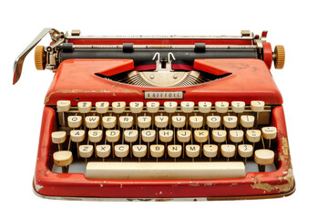 Vintage red typewriter with worn keys, perfect for retro aesthetics and nostalgic themes in photography or design.