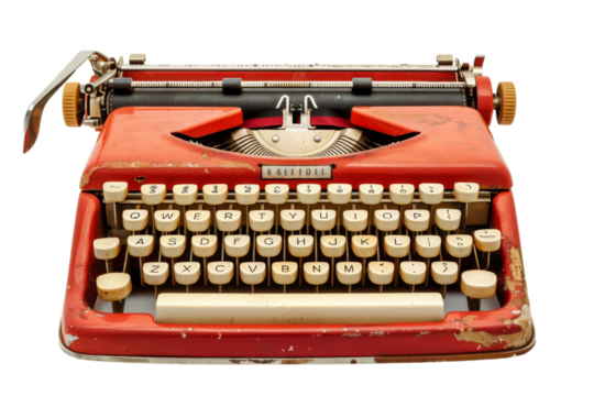 Vintage red typewriter with worn keys, perfect for retro aesthetics and nostalgic themes in photography or design.