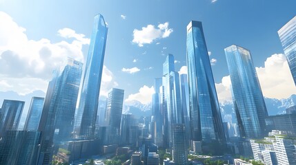 Naklejka premium Modern Skyscrapers in a City Skyline with Mountains in the Distance