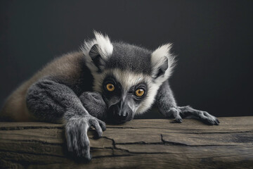 Naklejka premium A close-up image of a lemur resting on a wooden log. The lemur has striking yellow eyes. The background is dark. Concept of wildlife, Madagascar nature