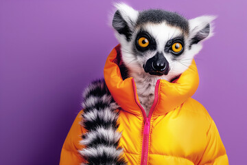 A lemur in an yellow jacket stands against a purple background, creating a humorous and whimsical scene. Concept of animal fashion, humor, funny character