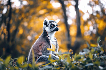 Fototapeta premium A ring-tailed lemur is shown in a natural setting with a blurred, warm-toned autumn background, capturing its curious expression. Concept of wildlife, Madagascar nature. Copy space