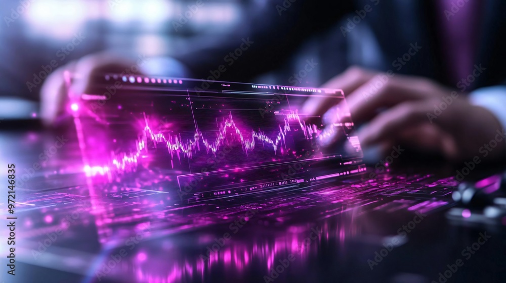 Poster a futuristic digital interface displaying data analysis, with pink graph lines highlighting financia
