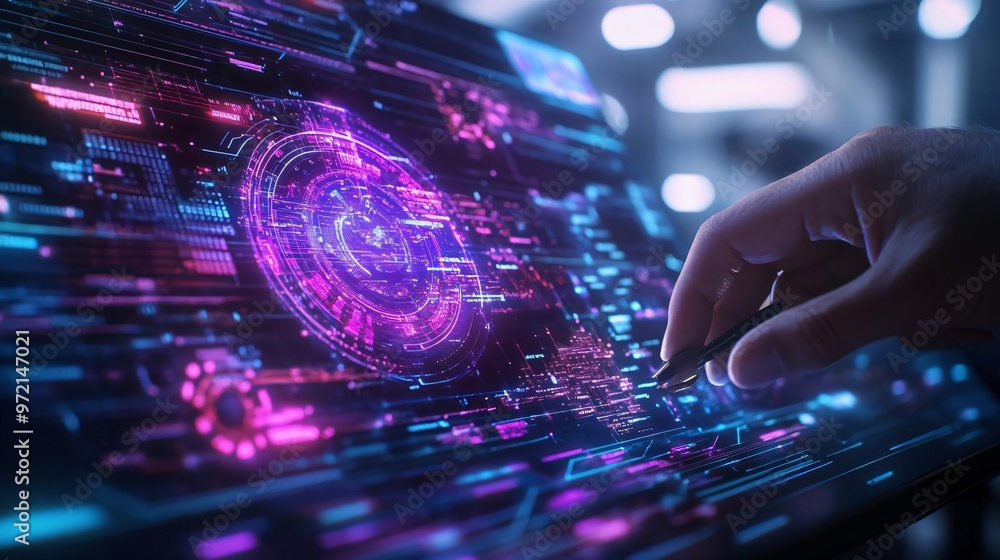 Aufkleber a hand interacts with a futuristic screen displaying vibrant holographic data and graphics, showcasi