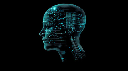 Obraz premium A human head outline integrated with digital components such as circuit designs or pixelated textures. This blend represents the augmentation of human abilities through technological advancements.