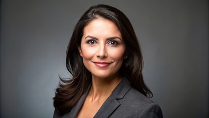 Fototapeta premium Dark-haired woman exudes confidence and sophistication as she gazes across the gray background, highlighting her