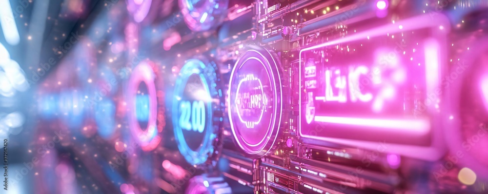 Poster a vibrant digital interface featuring glowing buttons and futuristic designs in neon colors. perfect