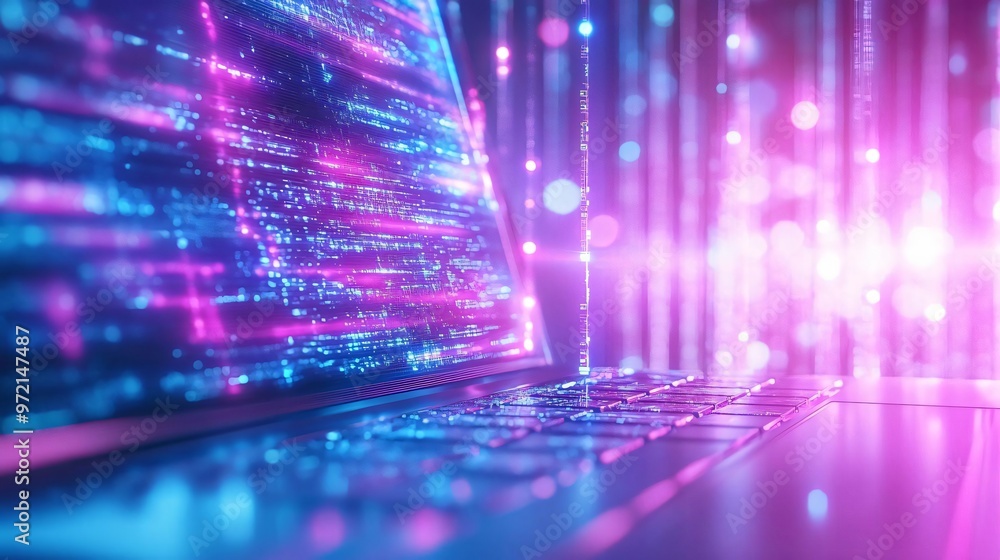 Poster a vibrant laptop display showcasing dynamic digital lights and flowing data. perfect for technology 