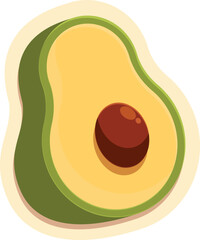 Cartoon illustration of a ripe avocado cut in half with the seed still inside