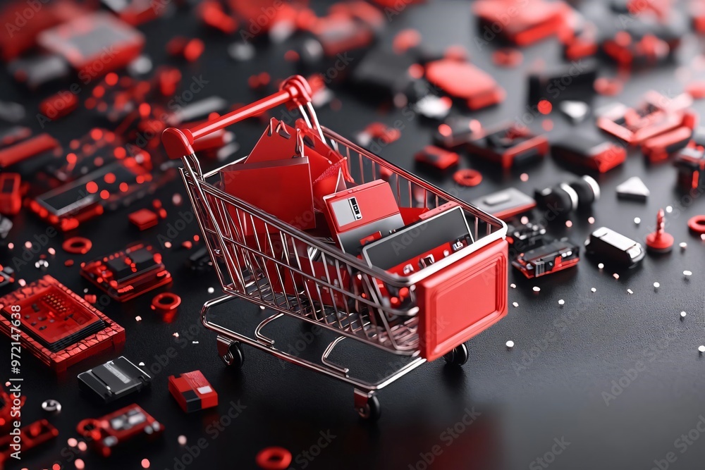 Poster a vibrant red shopping cart surrounded by various red objects on a dark background, representing ret