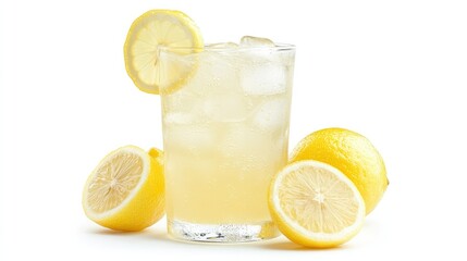 A refreshing glass of iced lemonade with a slice of lemon on the rim, isolated on a white background