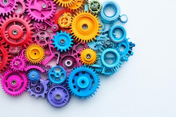 Colorful gears arrange in a creative pattern, showcasing vibrant hues and intricate designs for design and engineering concepts.