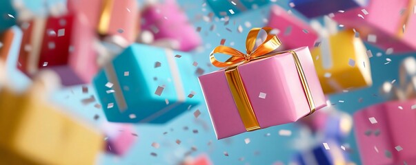 Colorful gift boxes float in a festive atmosphere, surrounded by shimmering confetti, evoking joy and celebration.
