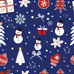 Christmas Seamless Pattern. There are snowman, snowfake, gift box, ribon.