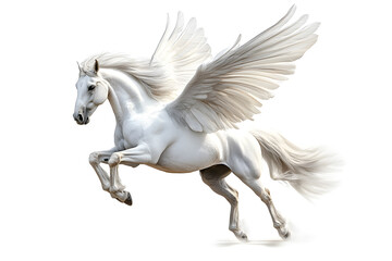 Realistic Illustration of white pegasus horse, phantasy animal isolated on white background
