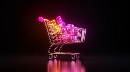 Colorful shopping cart filled with neon items, representing modern retail and online shopping trends with a vibrant touch.