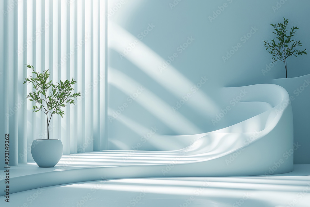 Poster minimalist interior design featuring curved architecture and natural light in a serene setting with 