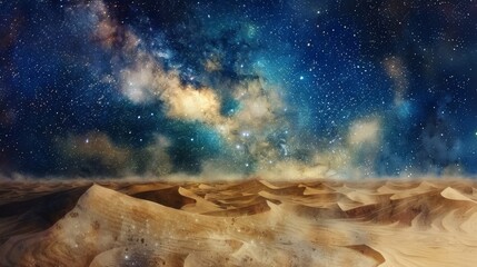 Fototapeta premium A dreamy, watercolor-like depiction of a starry night sky with a majestic Milky Way, above a vast desert landscape.