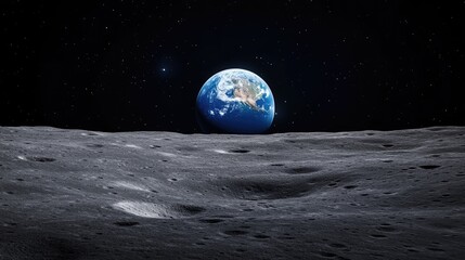 A breathtaking view of Earth from the surface of the moon, showcasing the planet's beauty and fragility against the backdrop of a starry night sky. 