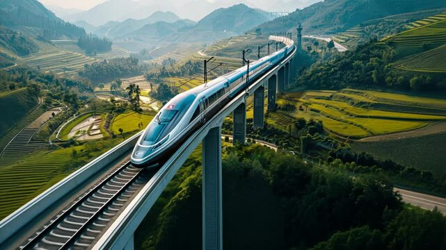 Speeding Through Nature's Embrace: A high-speed train traverses a majestic viaduct amidst rolling hills, embodying modern engineering marvels in harmony with nature's grandeur. 