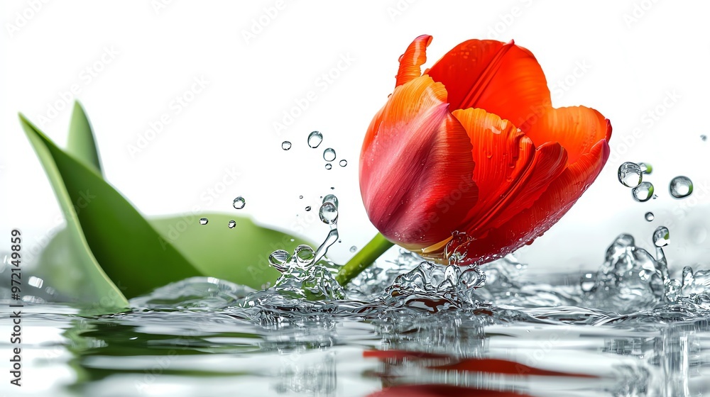 Poster a single red tulip with a green stem falls into clear water, creating a splash.