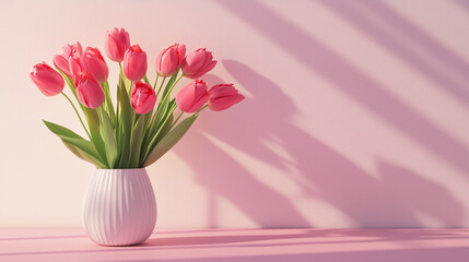 A bouquet of pink tulips in a white ceramic vase on a pastel background