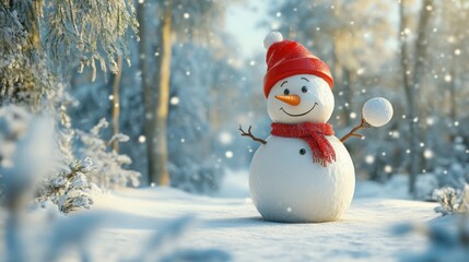 Obraz premium A cheerful snowman with a red hat and scarf stands in a snowy forest, surrounded by falling snow.