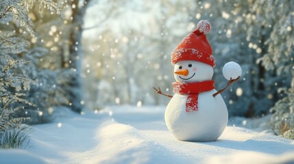 Obraz premium A cheerful snowman in a snowy landscape, holding a snowball amidst falling snowflakes.